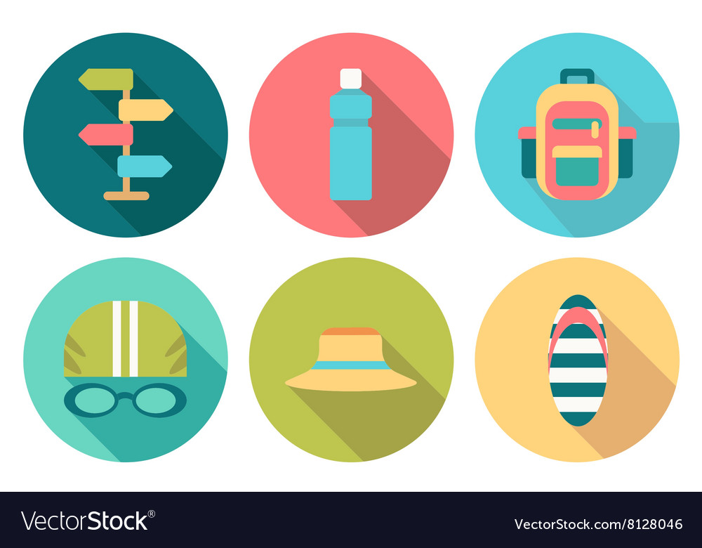 Set of flat round summer icons with shadow