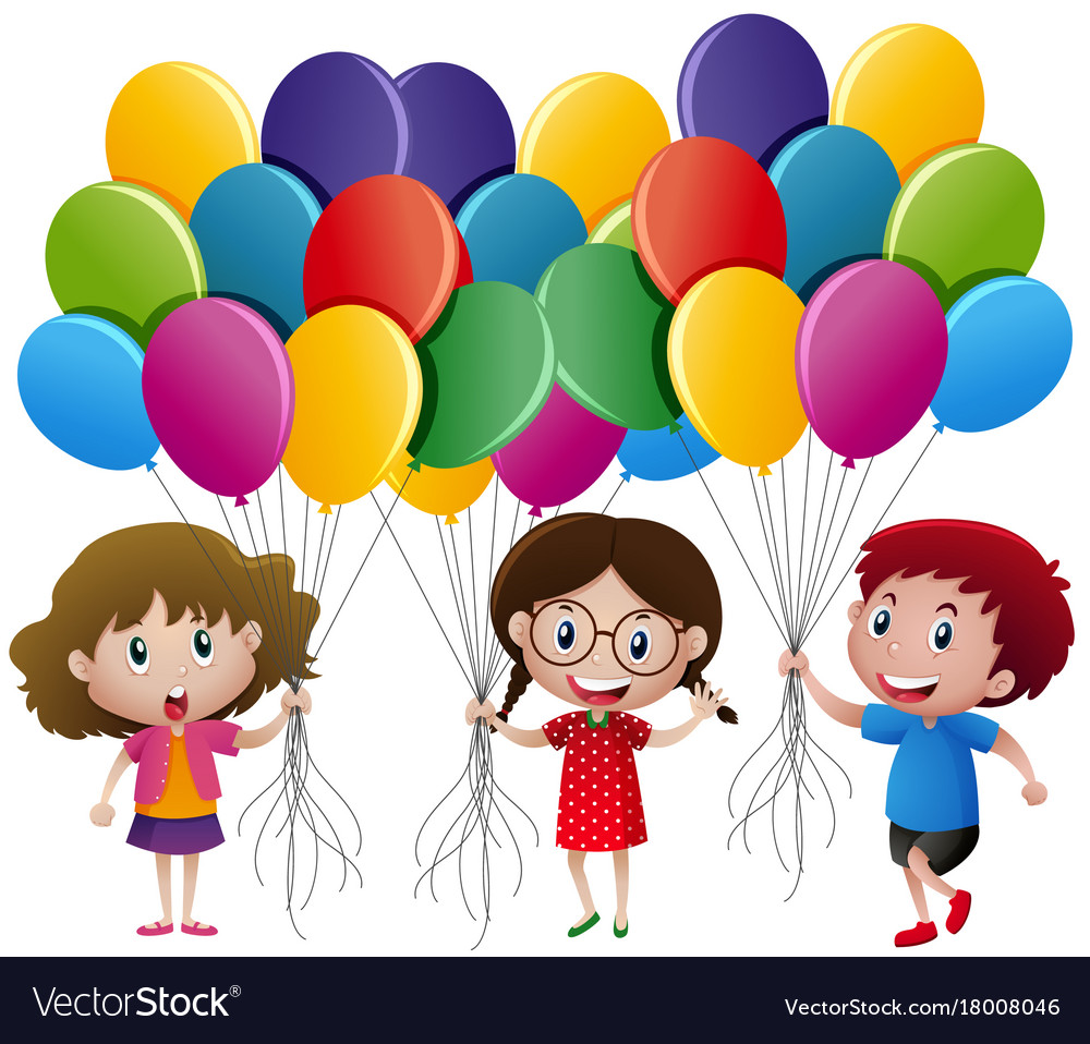 Three kids holding balloons Royalty Free Vector Image