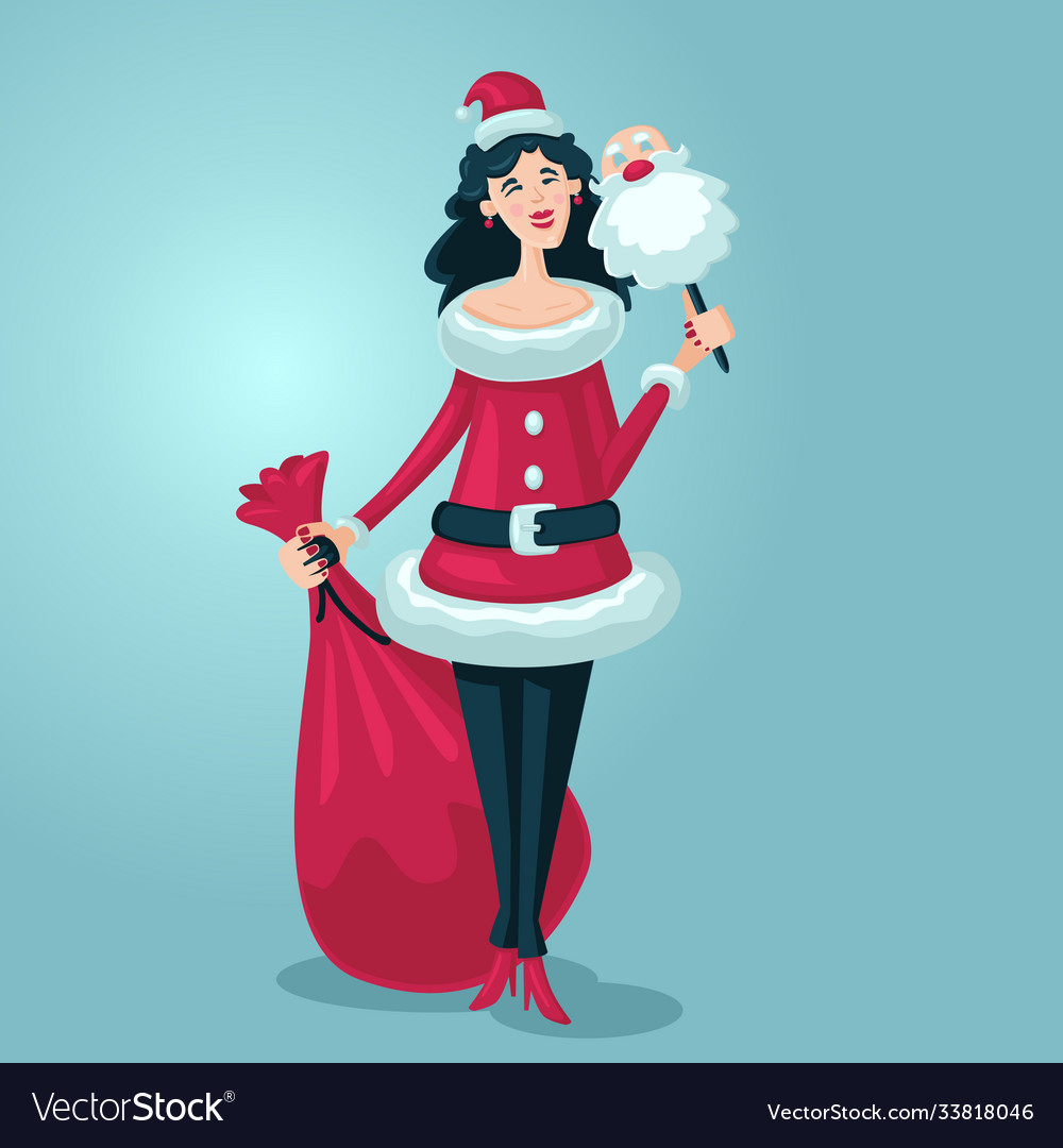 Woman with santa claus mask girl with a bag Vector Image