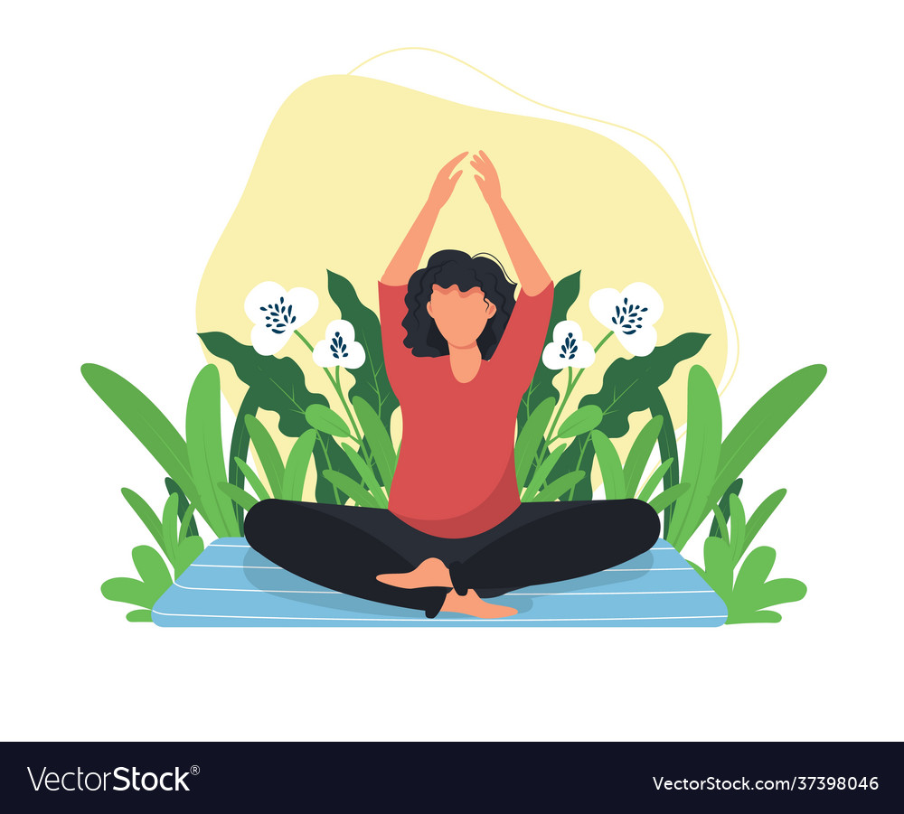 Yoga meditating woman in green meadow park Vector Image