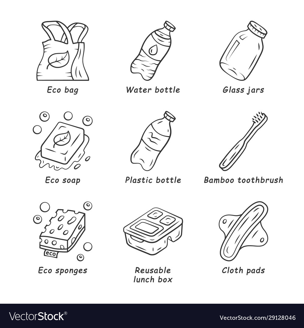 Zero waste swaps handmade linear icons set Vector Image