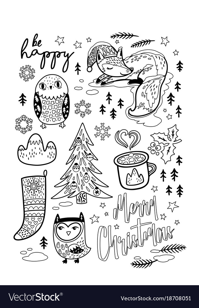 Black and white winter postcard in cartoon style