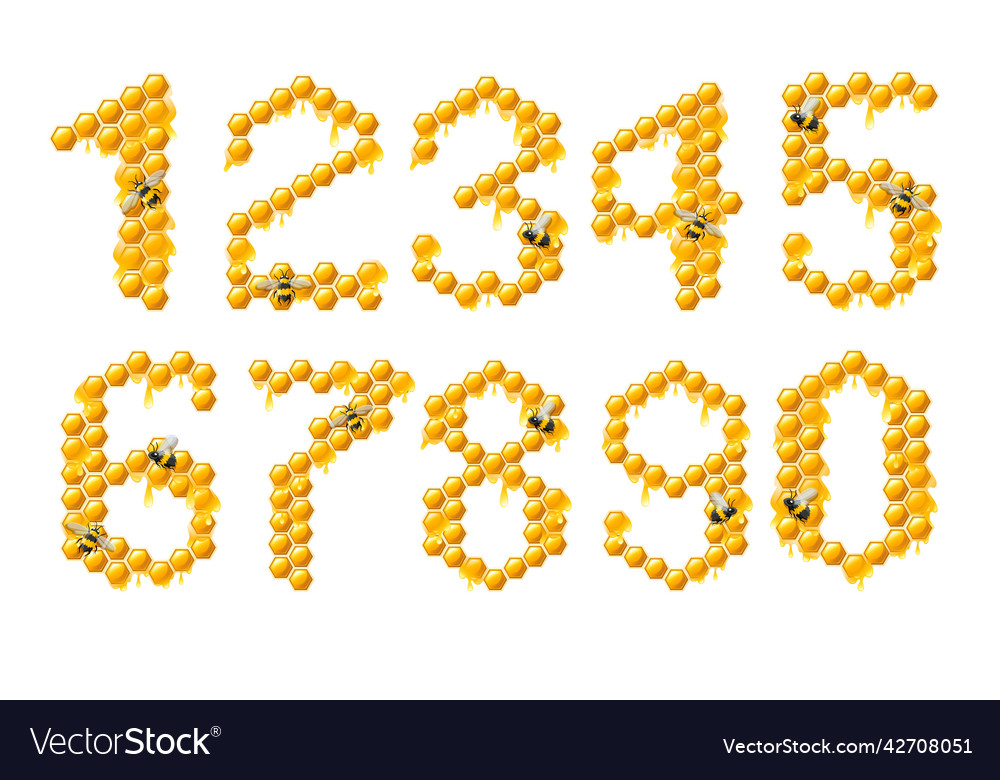 Set of honeycomb numbers with honey drops and bee Vector Image