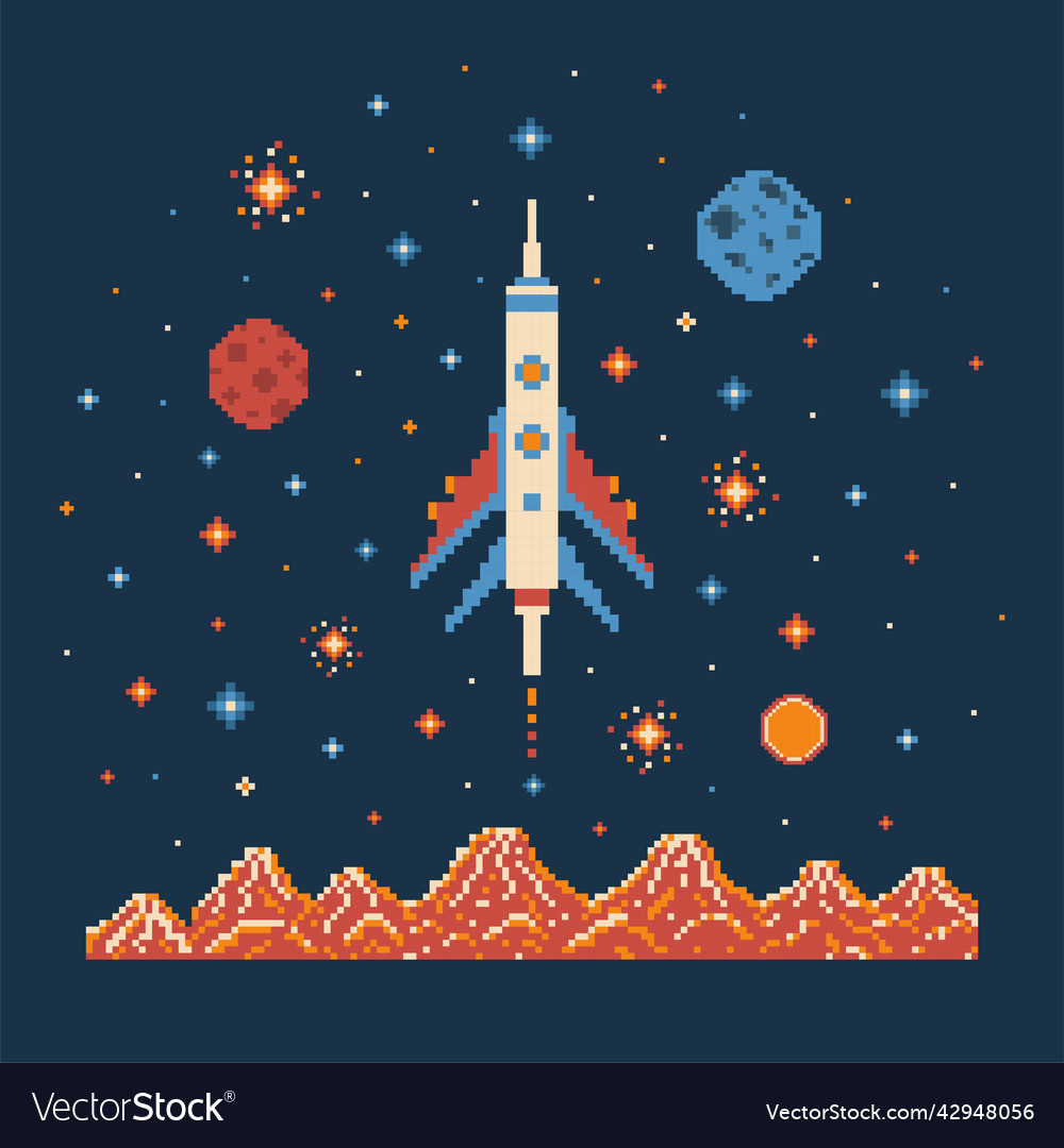 8 bit pixel art rocket in outer space vector image 8 bit pixel art rocket in outer space