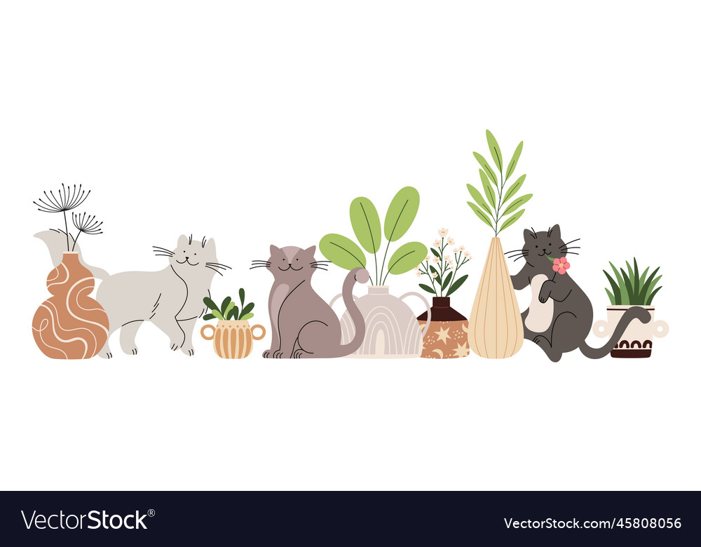 Cats and plants cute doodle kitten walk Royalty Free Vector