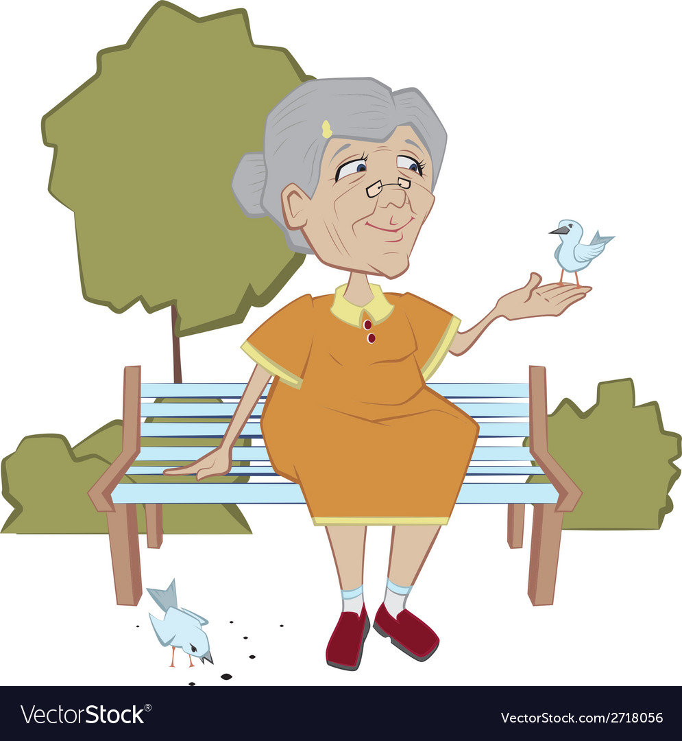 Grandmother on the bench feeding birds