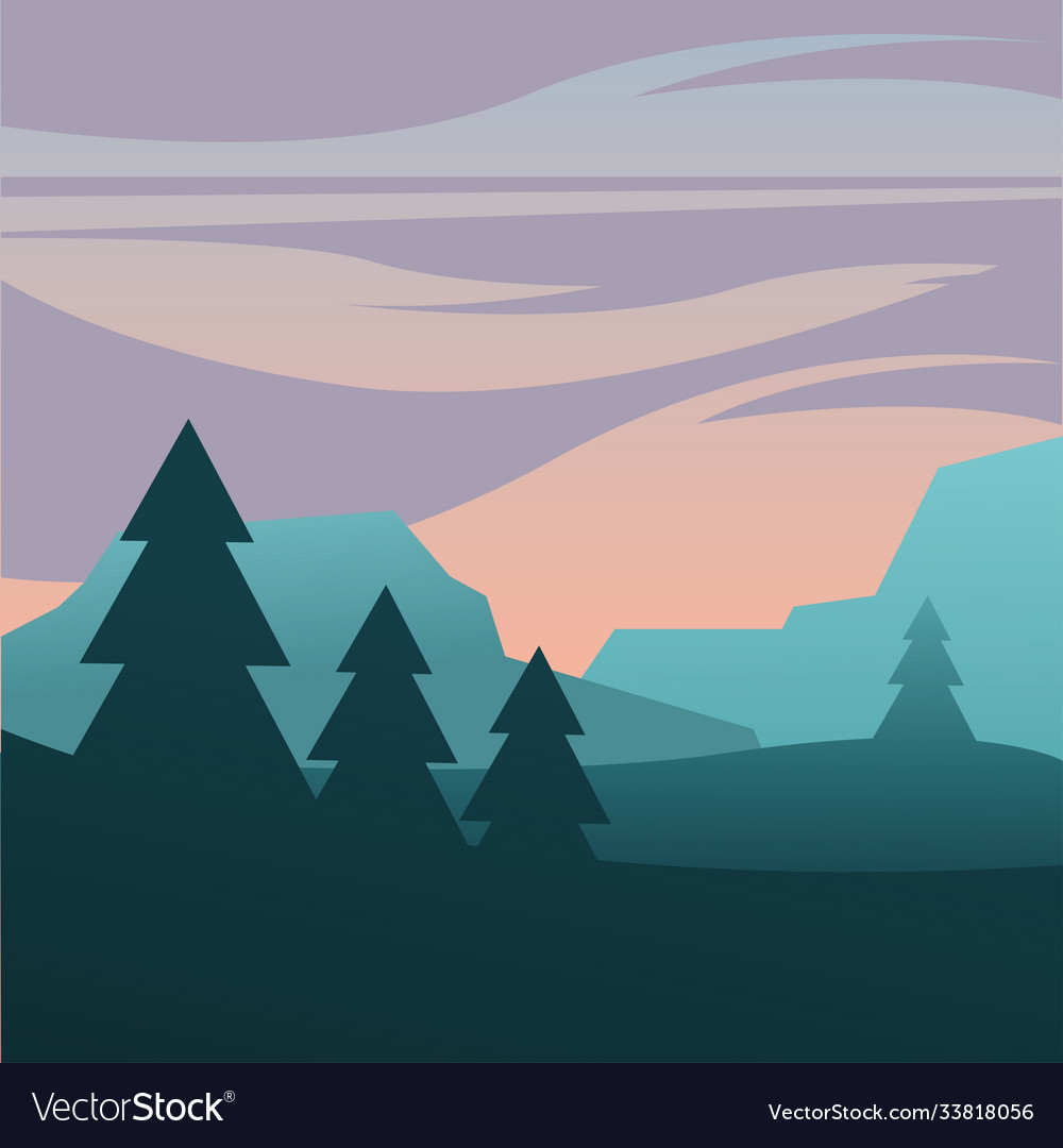 Purple sky over pine trees at mountain Royalty Free Vector