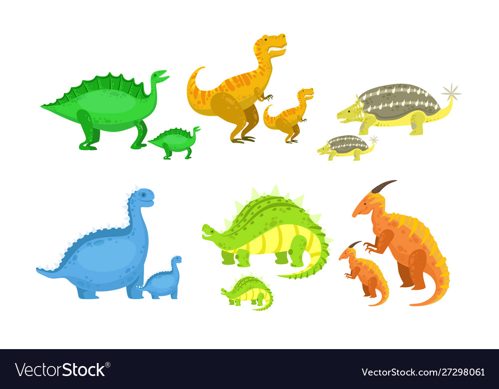 Cute mother and baby dinosaurs set loving parents