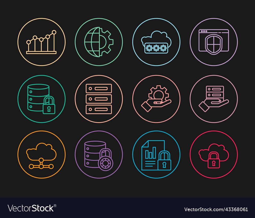 Set line cloud computing lock server data web vector image Set line cloud computing lock server data web