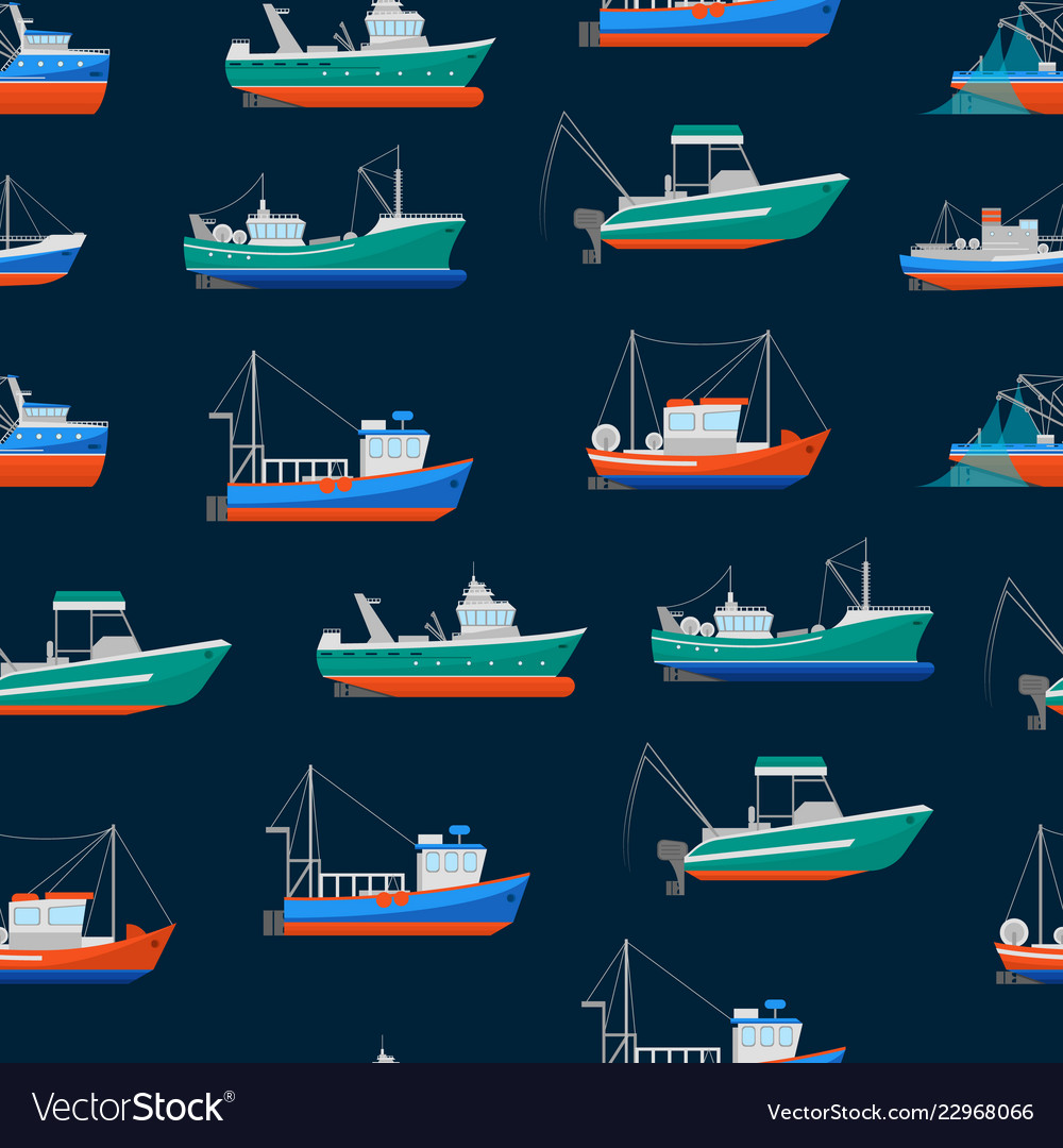 Cartoon fishing boats seamless pattern background