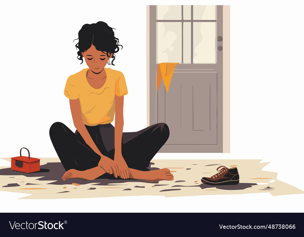 Sad poor girl with dirty feet sits on floor