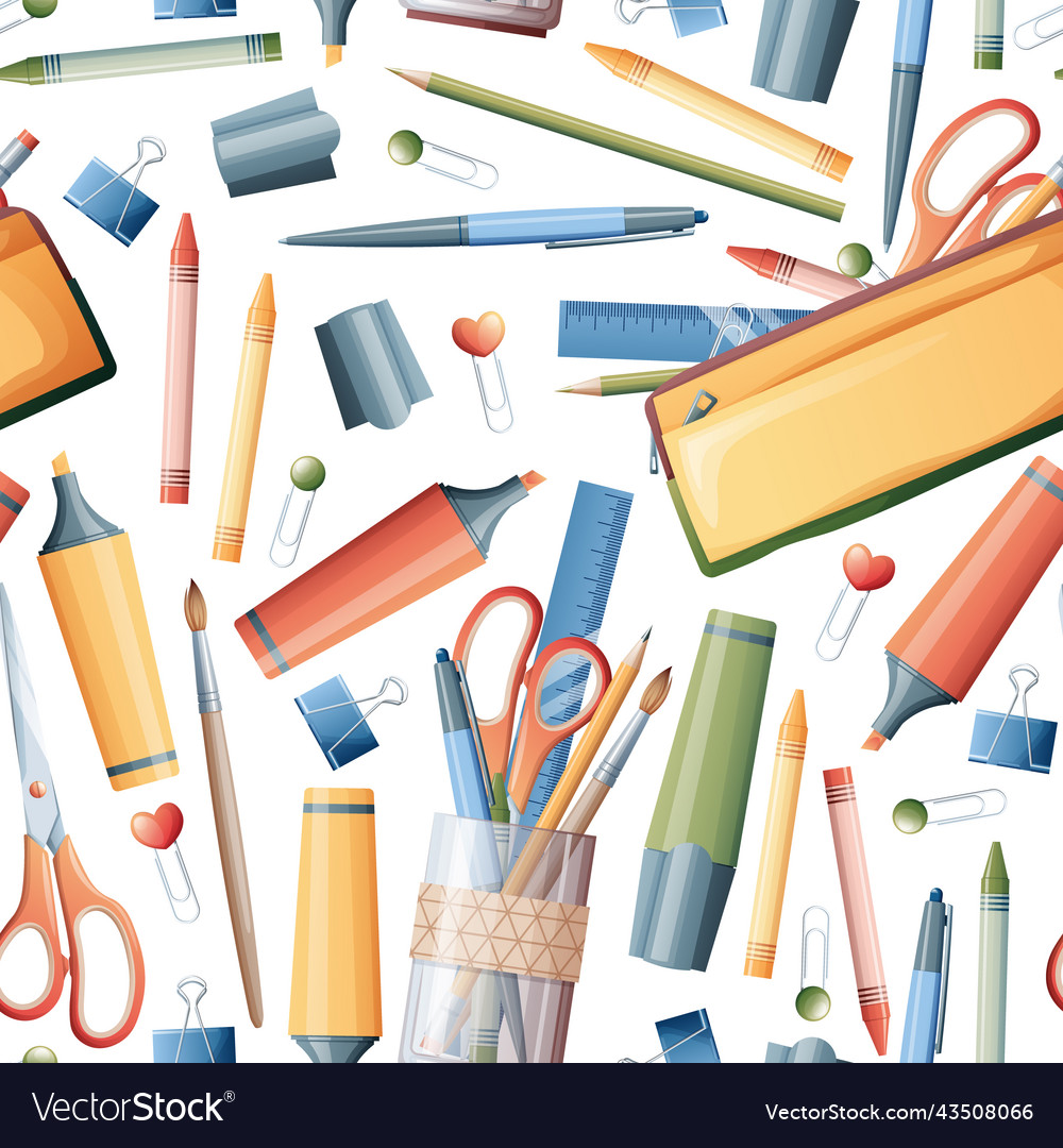 Seamless pattern with pencils markers scissors vector image Seamless pattern with pencils markers scissors