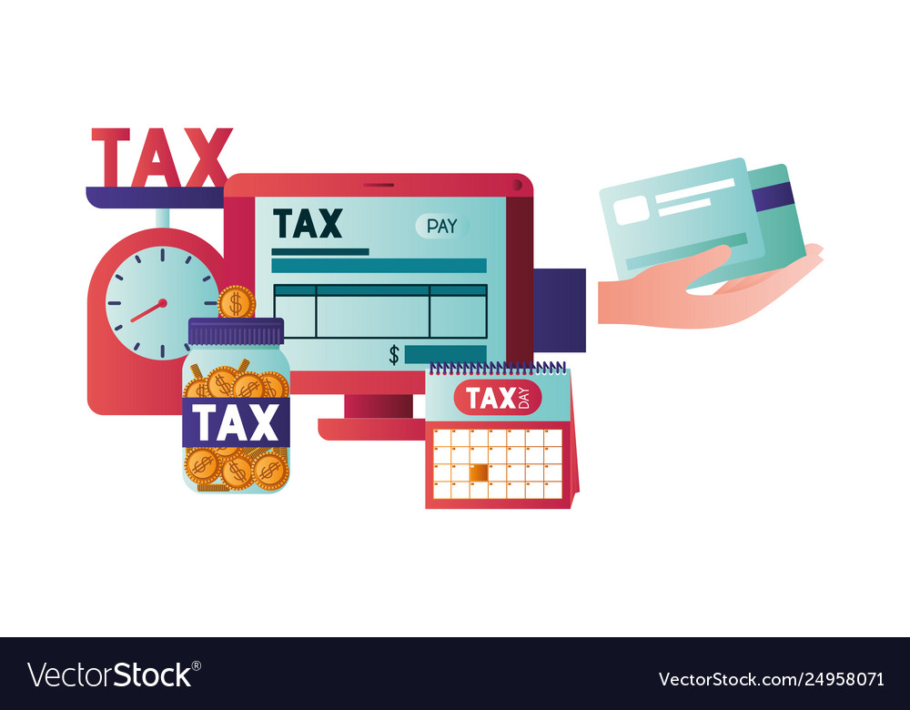 Computer with tax on line and set icons Vector Image Computer with tax on line and set icons