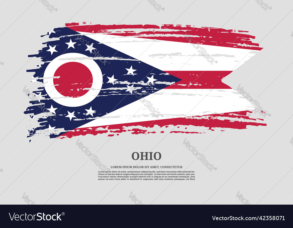 Ohio flag with brush stroke effect and information