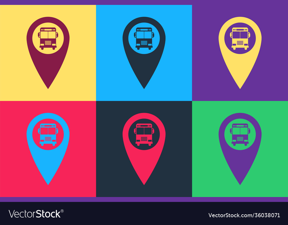 Pop art map pointer with bus icon isolated vector image Pop art map pointer with bus icon isolated