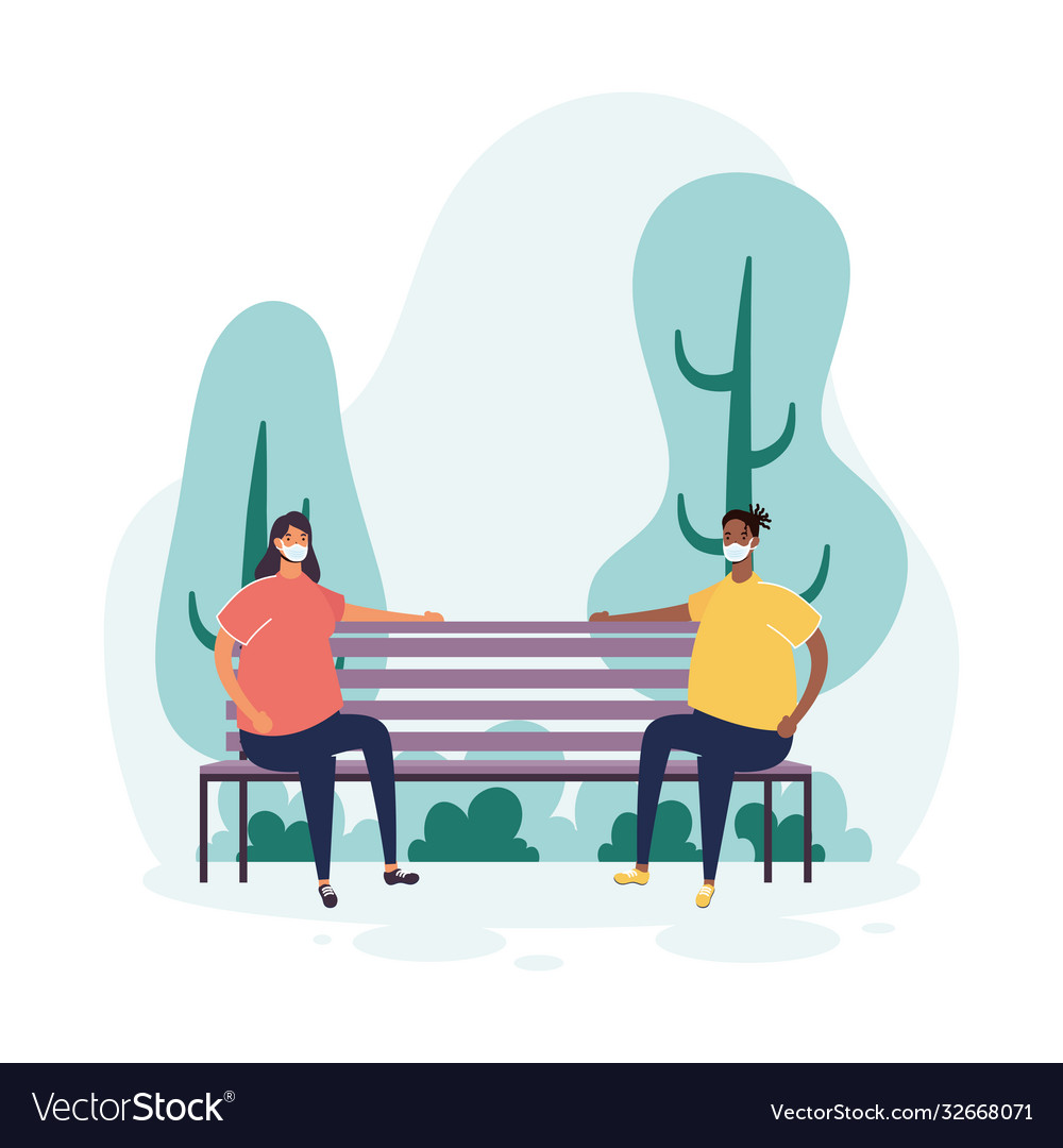 Young couple wearing medical mask seated in park Vector Image