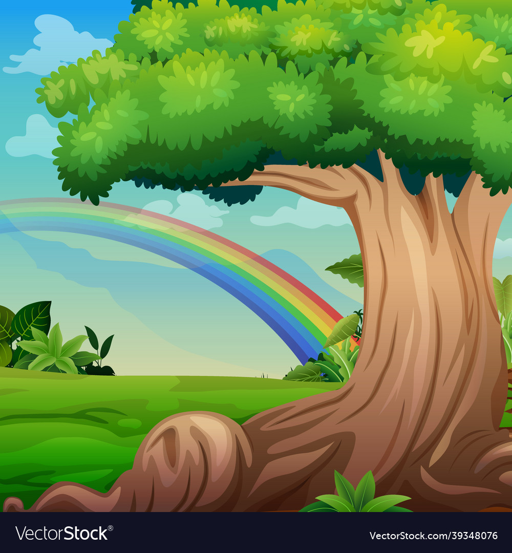 Background scene with a big tree and rainbow