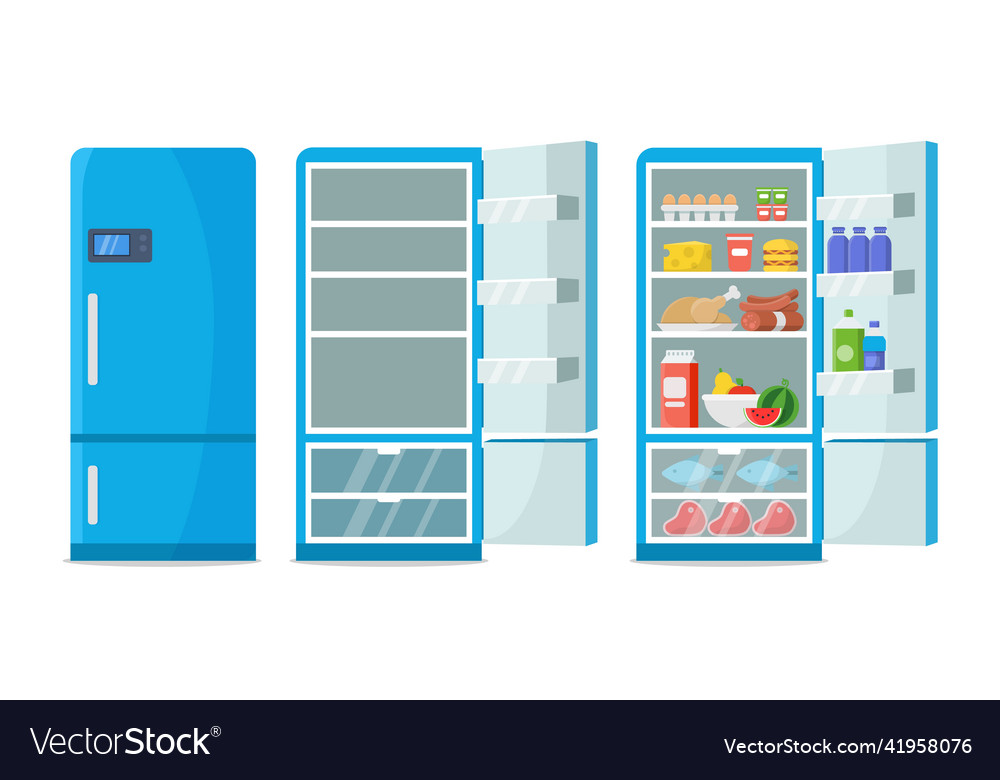 Flat fridge closed and open empty refrigerator vector image Flat fridge closed and open empty refrigerator