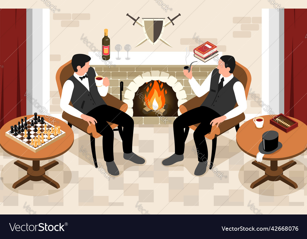 Gentlemen at fireplace composition