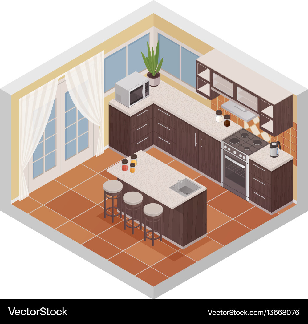 Kitchen interior isometric composition Royalty Free Vector