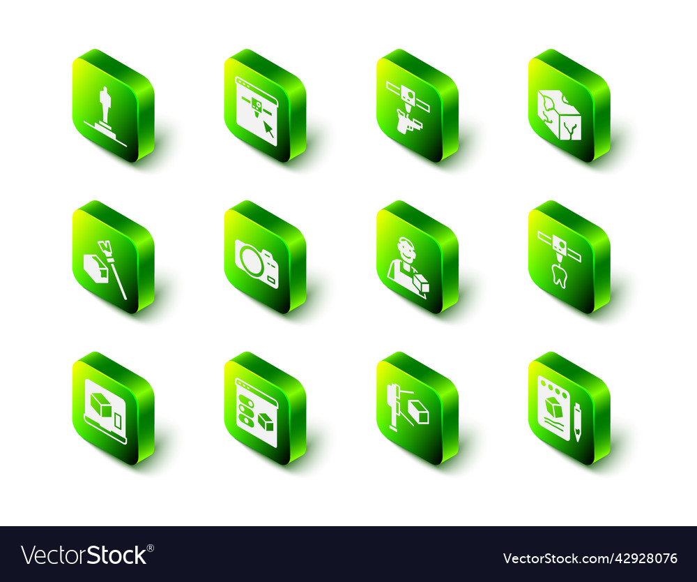 Set 3d printer setting gun isometric cube tooth vector image Set 3d printer setting gun isometric cube tooth
