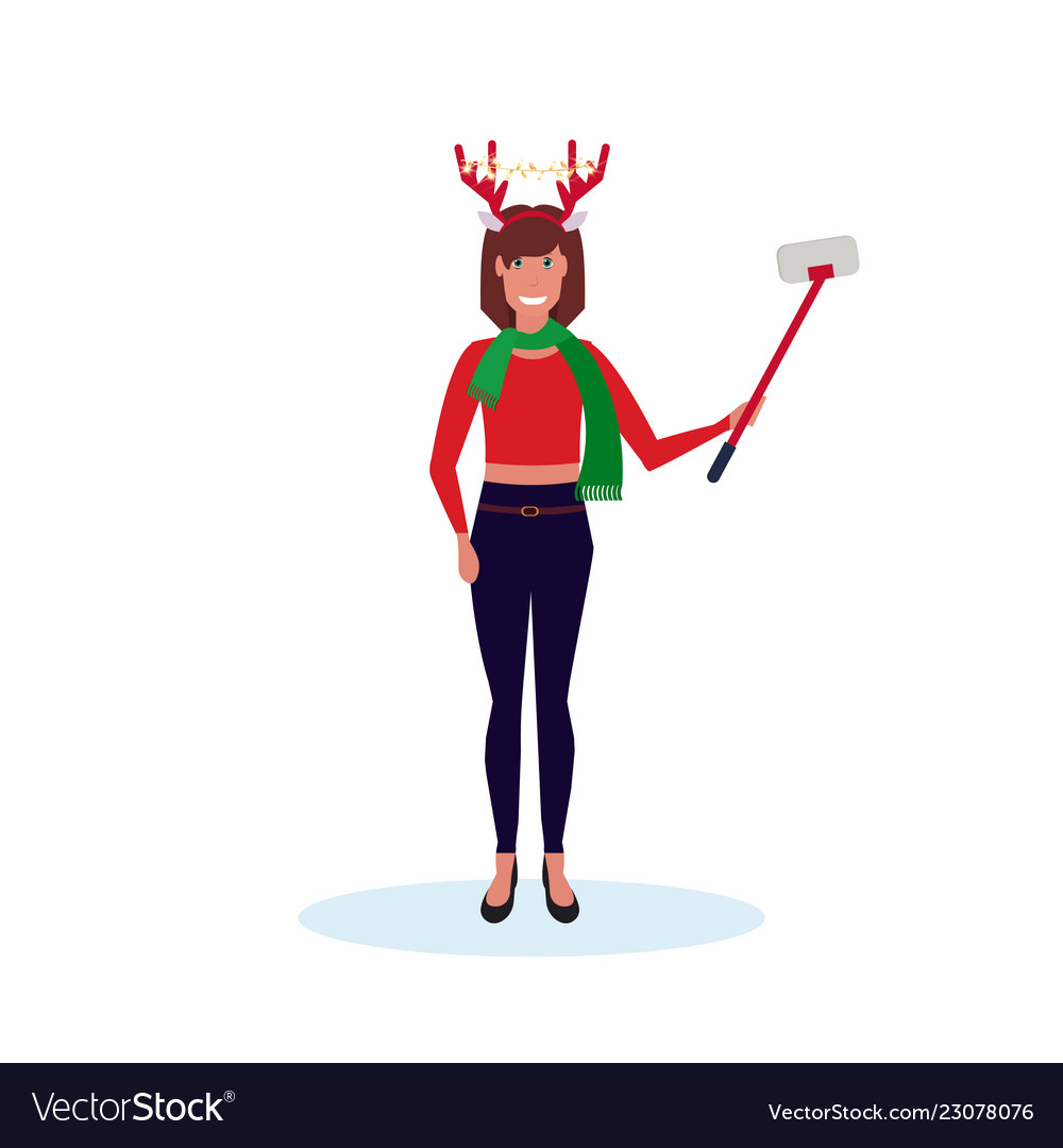 Woman holding selfie stick wearing deer costume Vector Image