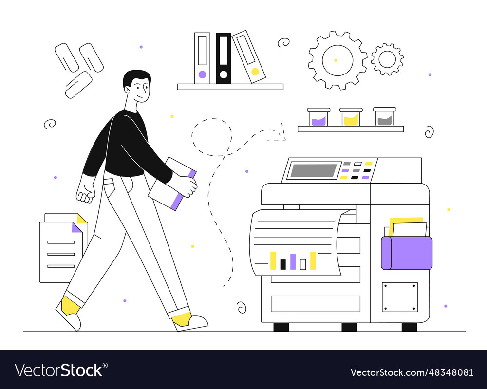 Man with printing machine line concept vector image Man with printing machine line concept
