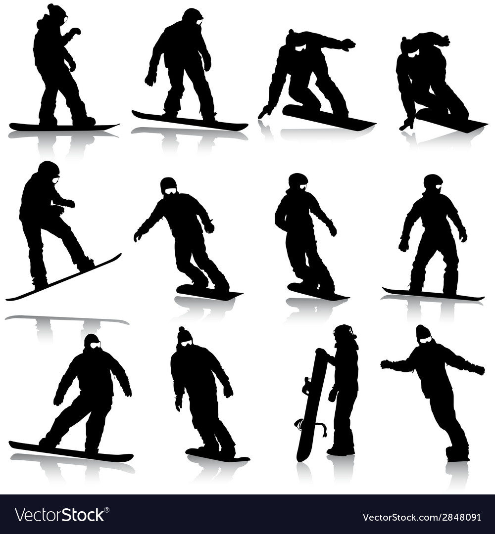 Black silhouettes set snowboarders on white