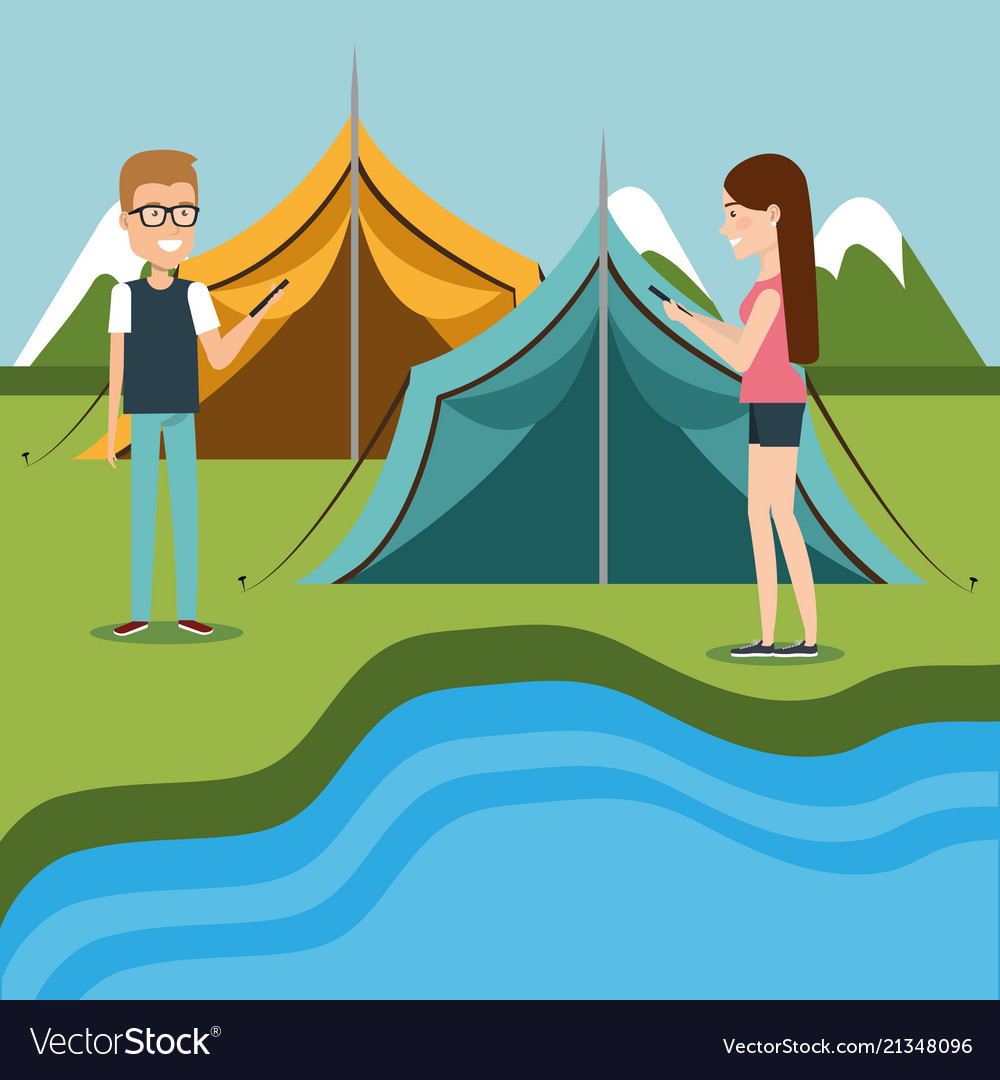 Couple with smartphones in the camping zone