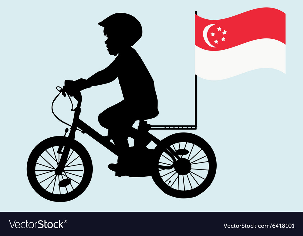 A kid rides bicycle with singapore flag