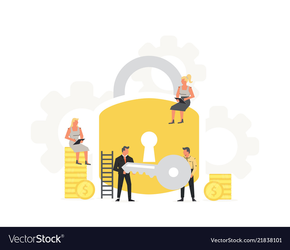 Businessman hold a key from large padlock