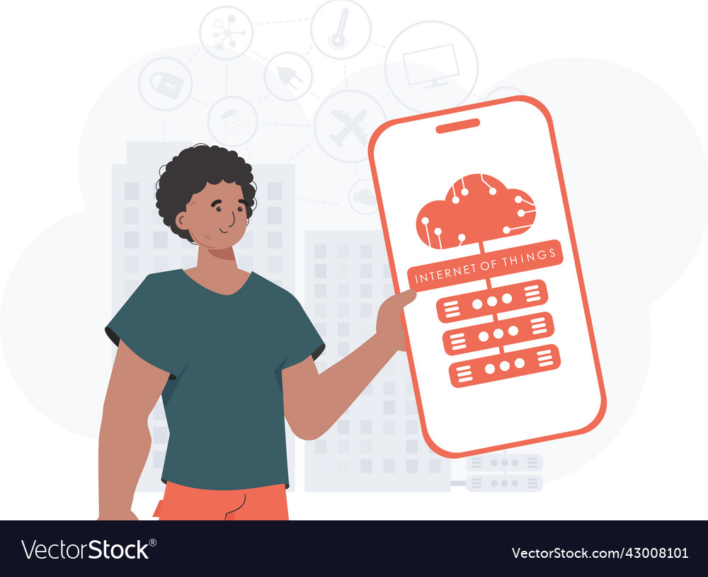Internet of things and automation concept the guy vector image Internet of things and automation concept the guy