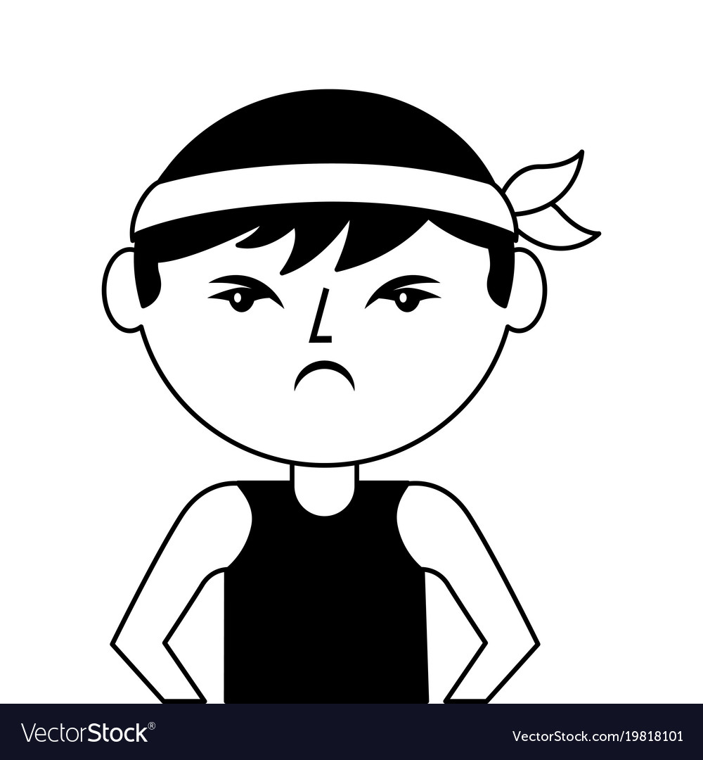 Portrait cartoon angry man chinese with head band