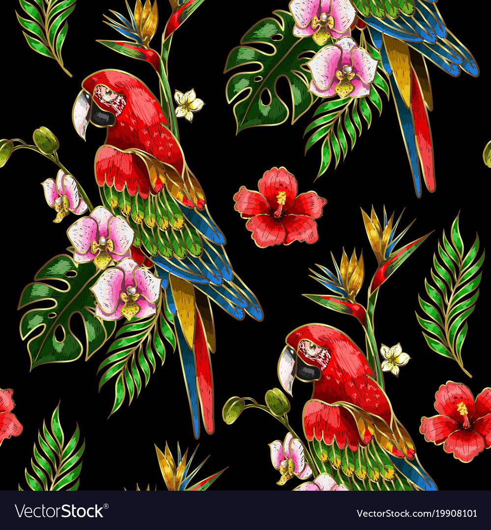 Seamless pattern with ara parrot embroidery