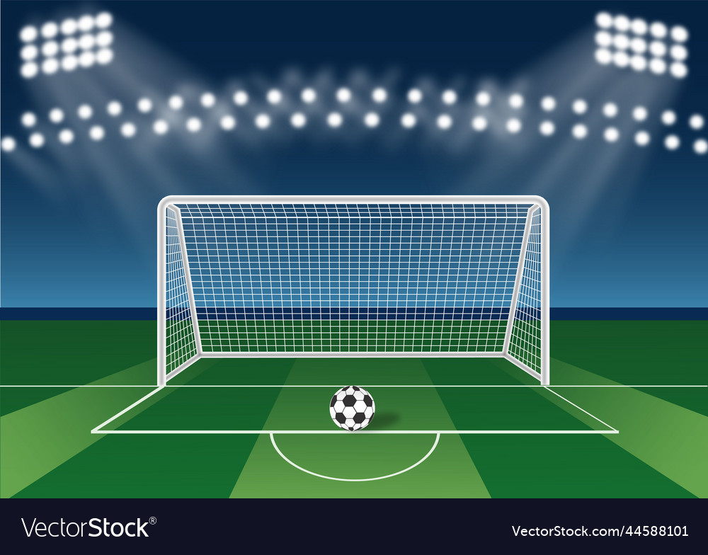 Soccer ball in front of the goalpost stadium Vector Image