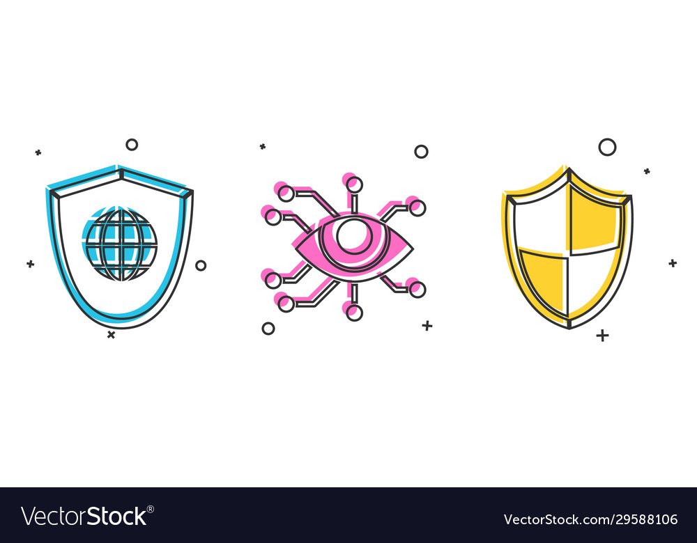 Set shield with world globe eye scan Vector Image Set shield with world globe eye scan