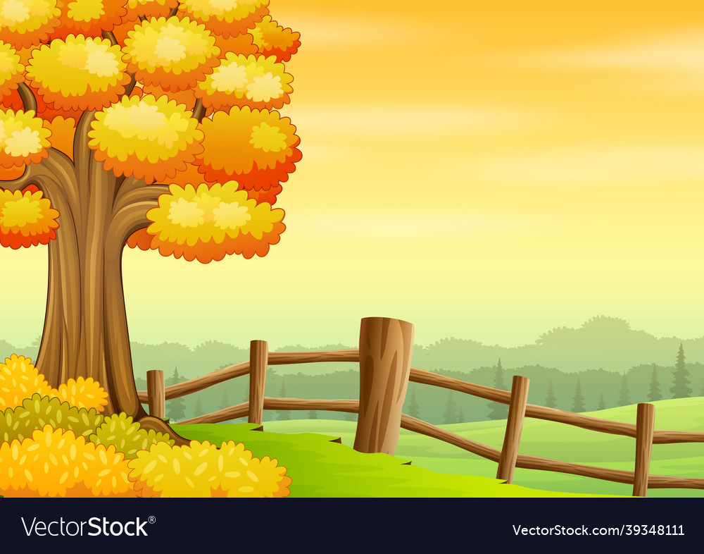 Autumn background with a big tree inside the fence