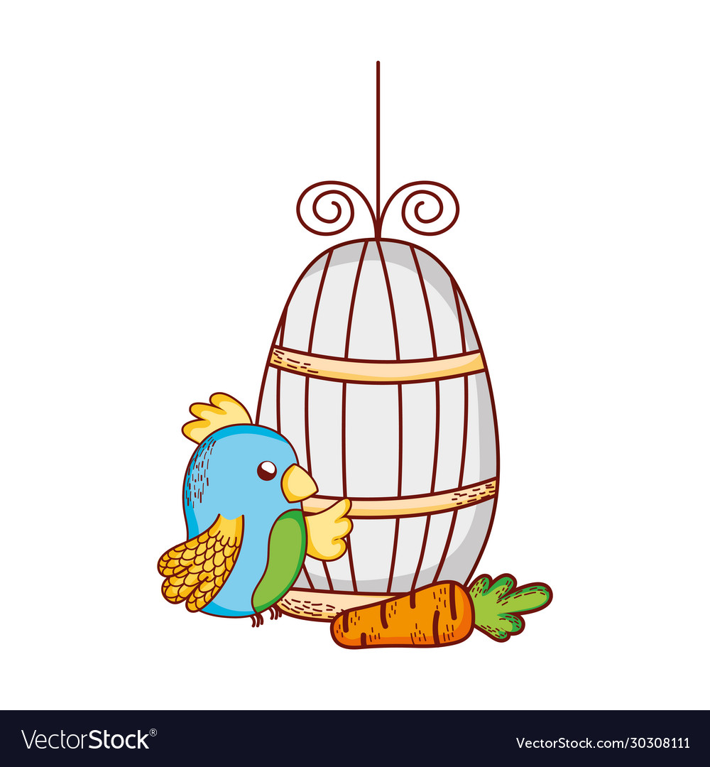 Cute animals blue parrot cage and carrot cartoon