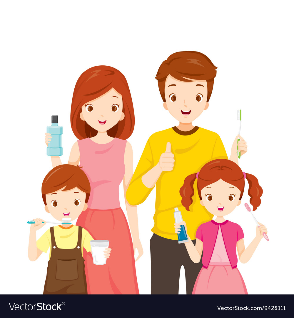 Glückliche Familie mit Zahnreinigungszubehör