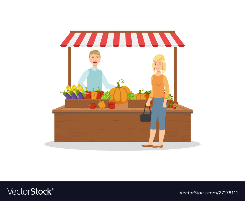 Seller selling fresh organic vegetables at local Vector Image