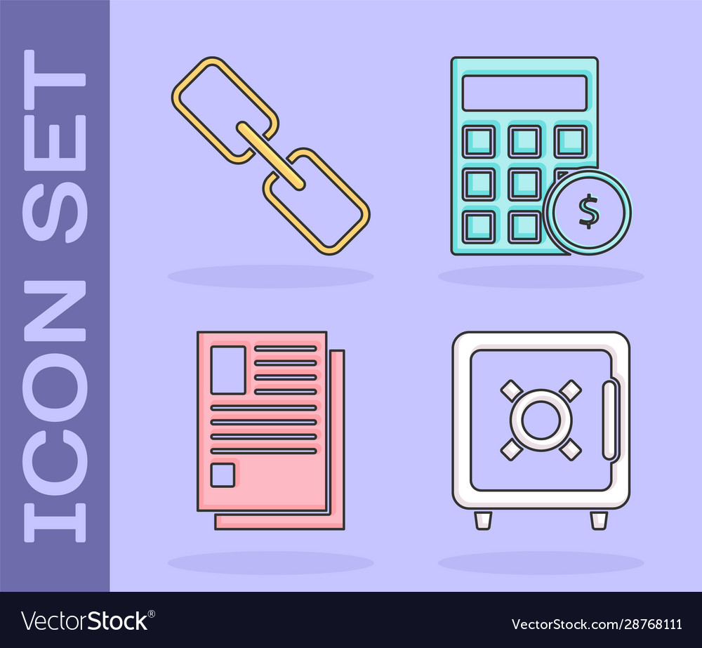 Set safe chain link file document and calculator vector image Set safe chain link file document and calculator