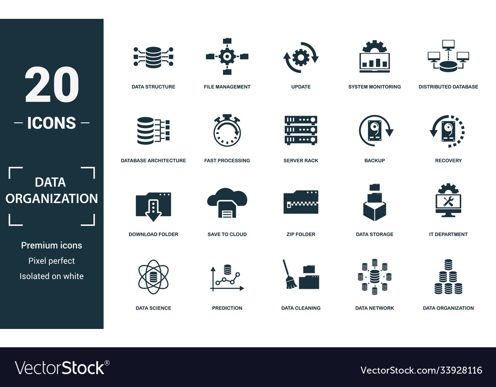 Data organization icon set collection simple vector image Data organization icon set collection simple