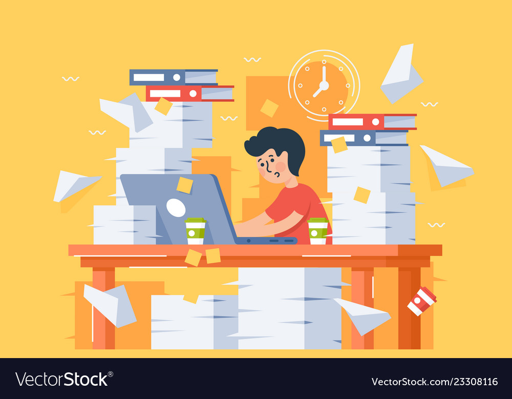 Flat stressful busy young man workload at work Vector Image