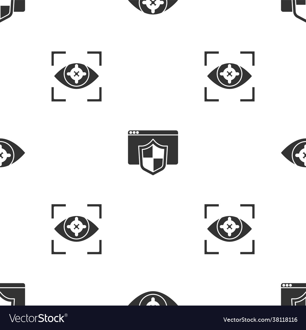 Set eye scan browser with shield and on seamless vector image Set eye scan browser with shield and on seamless