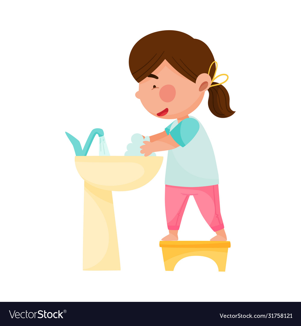 Girl character standing on stool in bathroom Vector Image Girl character standing on stool in bathroom