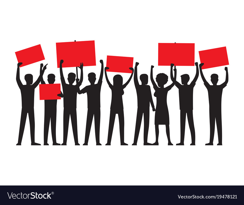 Group of people with red placards silhouettes