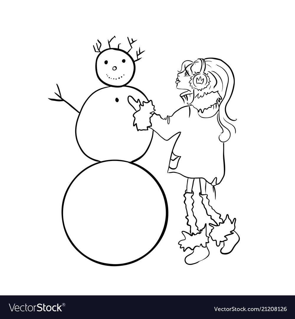 Cute girl sculpts a snowman winter games