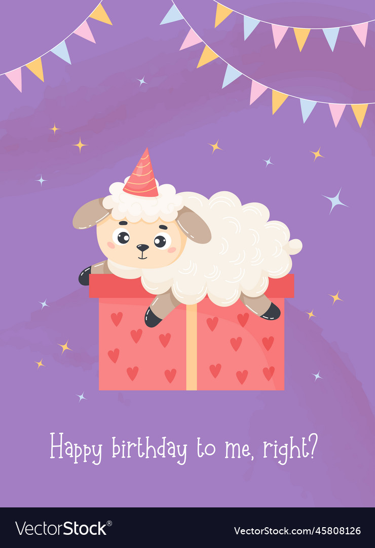 Cute sheep in birthday hat lies on gift box