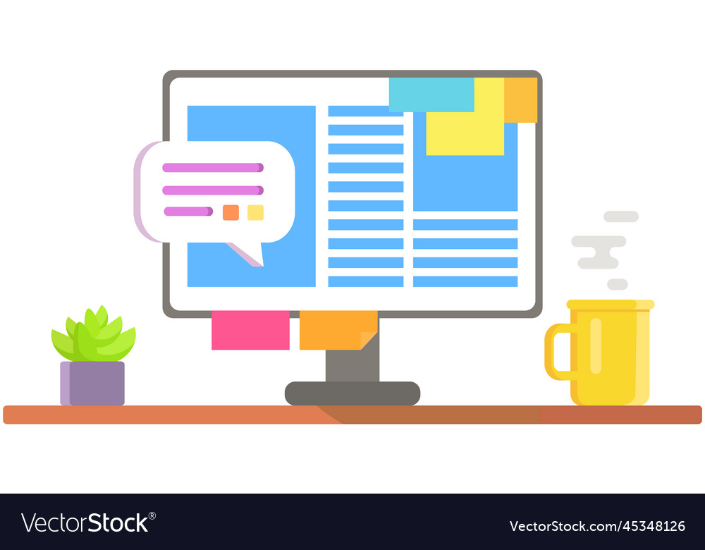 Empty workplace with desk and computer desktop Vector Image Empty workplace with desk and computer desktop