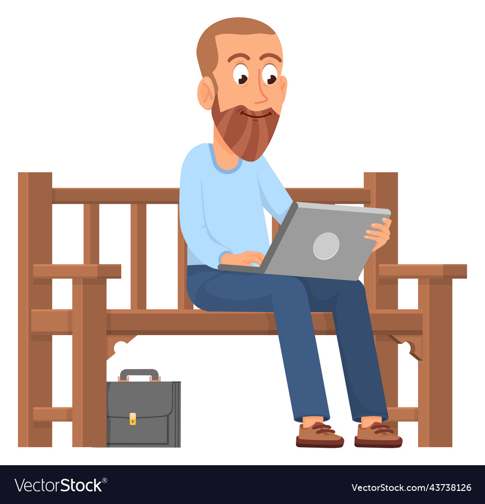 Man working on laptop outdoor guy sitting park vector image Man working on laptop outdoor guy sitting park